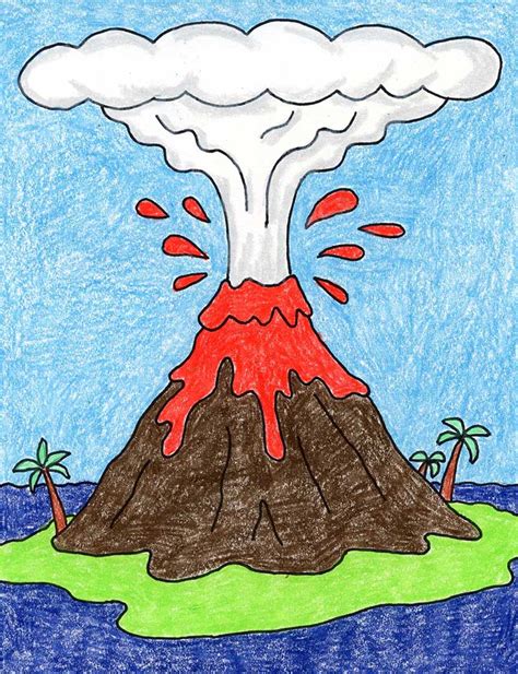 Easy How to Draw a Volcano Tutorial Video, Volcano Coloring Page.